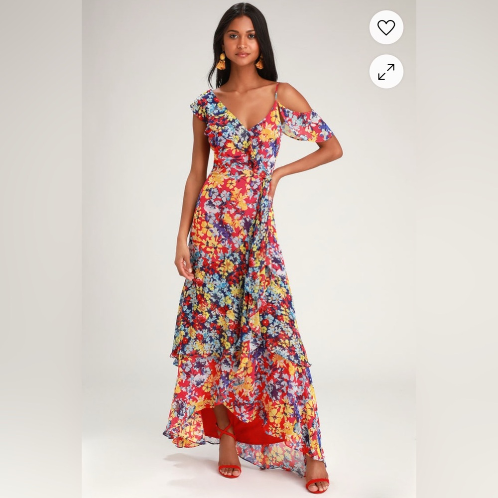 Radiant Ruby Red Floral Print Chiffon Maxi Dress